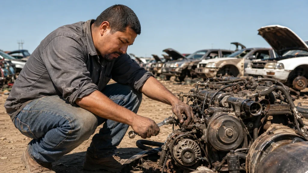 Mecánico hispano buscando piezas usadas de carros en un yonker cerca de él