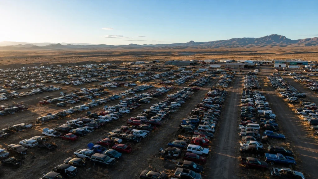 Vista aérea de un yonker de carros en Estados Unidos con filas de vehículos usados