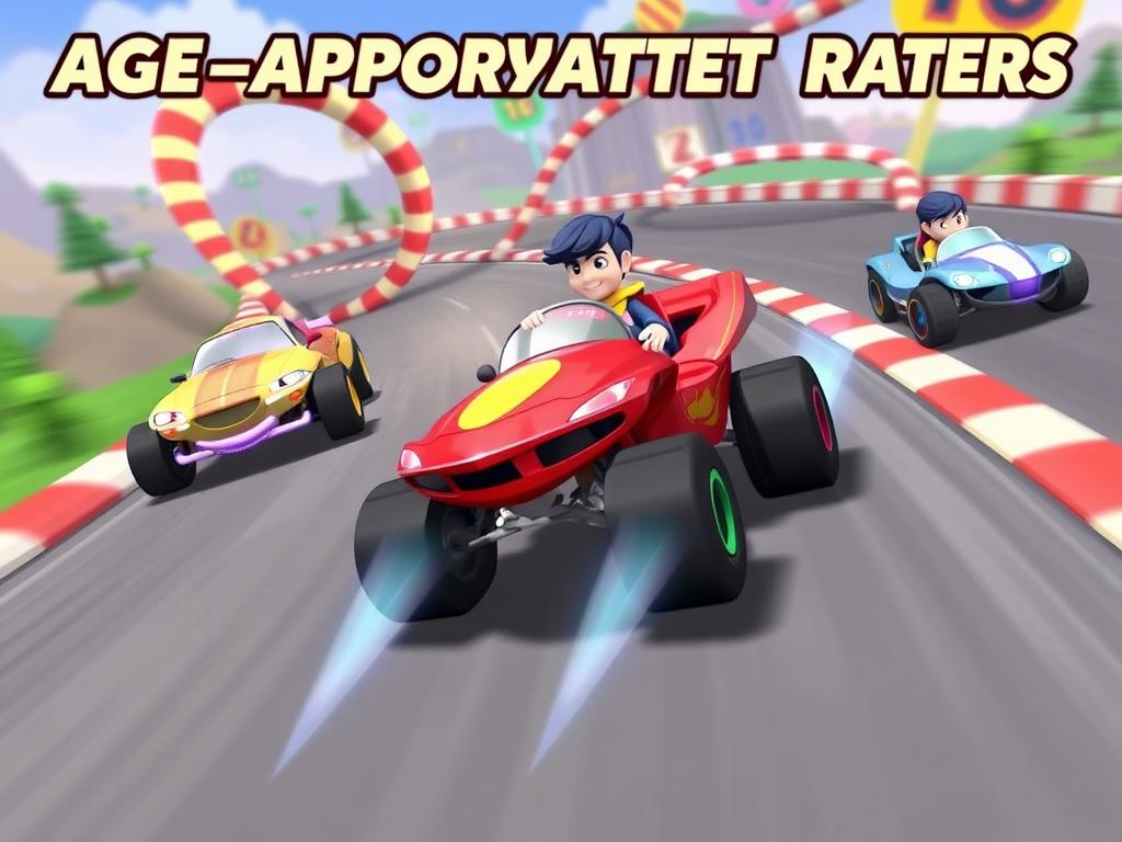 Age-appropriate racing game for pre-teens with cartoon styling Age-appropriate racing game for pre-teens with cartoon styling