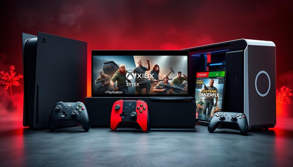 All five gaming platforms arranged together with their controllers and popular games All five gaming platforms arranged together with their controllers and popular games