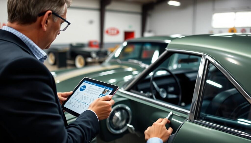 Classic car being valued using specialized Blue Book resources Classic car being valued using specialized Blue Book resources