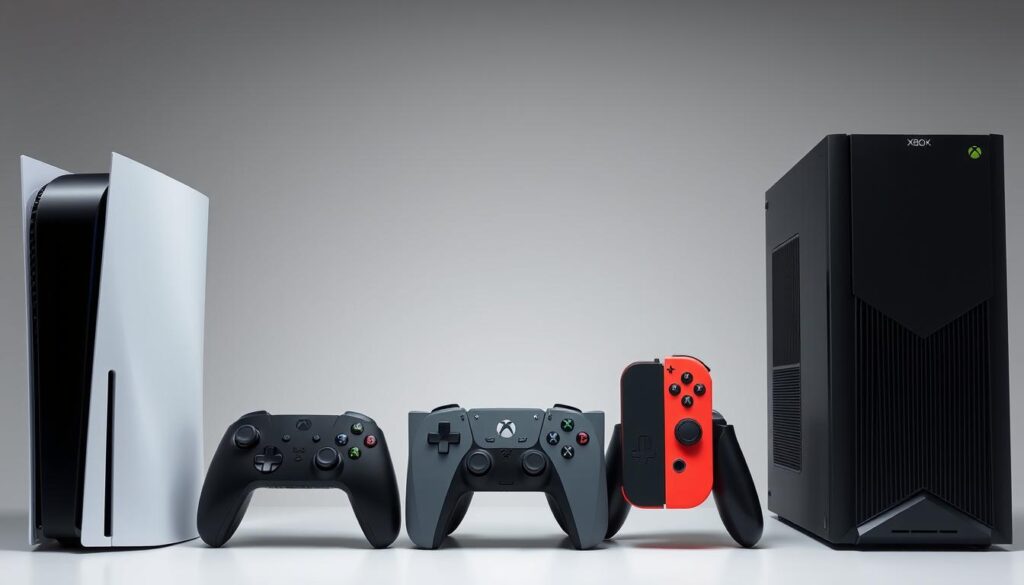 Comparison of all five gaming platforms showing their relative sizes and designs Comparison of all five gaming platforms showing their relative sizes and designs