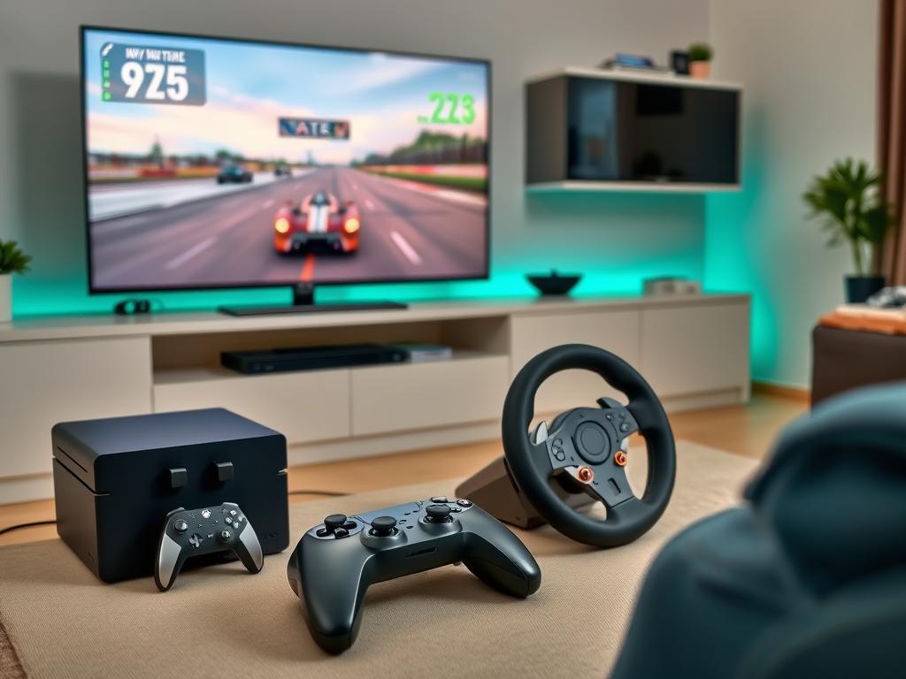 Console setup with racing game and controller for living room gaming Console setup with racing game and controller for living room gaming