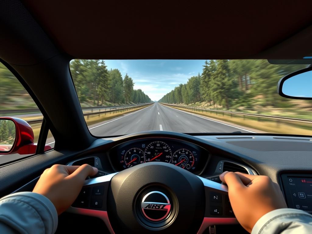 Detailed car simulation game with realistic cockpit view and controls Detailed car simulation game with realistic cockpit view and controls