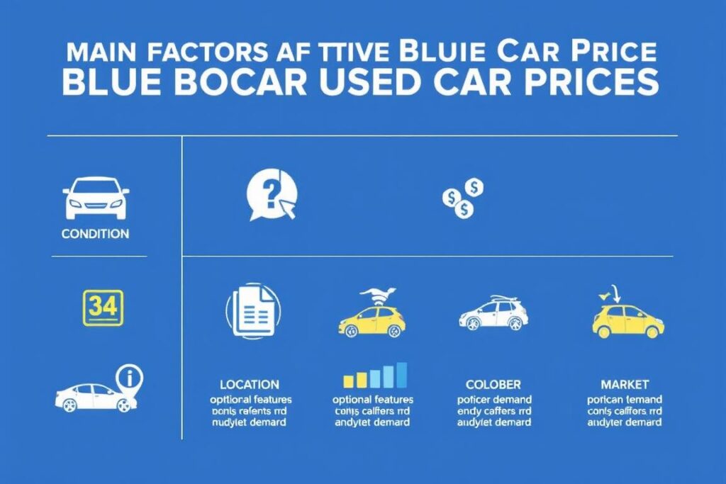 Factors affecting Blue Book used car prices illustrated with icons and graphs Factors affecting Blue Book used car prices illustrated with icons and graphs