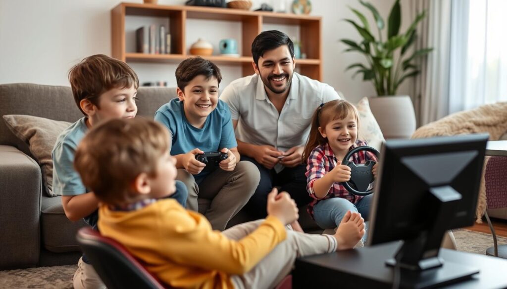 Family playing age-appropriate car games together on a console Family playing age-appropriate car games together on a console