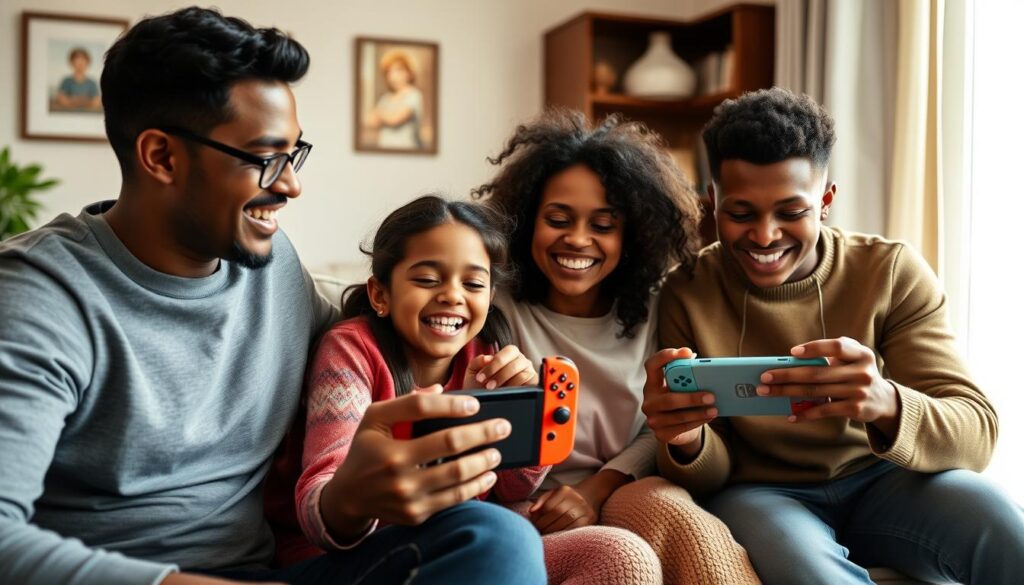 Family playing games together on a Nintendo Switch in the living room Family playing games together on a Nintendo Switch in the living room
