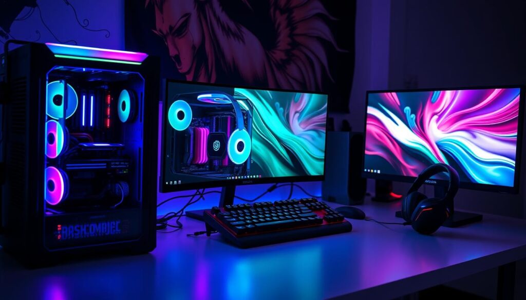 High-end gaming PC setup with RGB lighting, multiple monitors, and gaming peripherals High-end gaming PC setup with RGB lighting, multiple monitors, and gaming peripherals