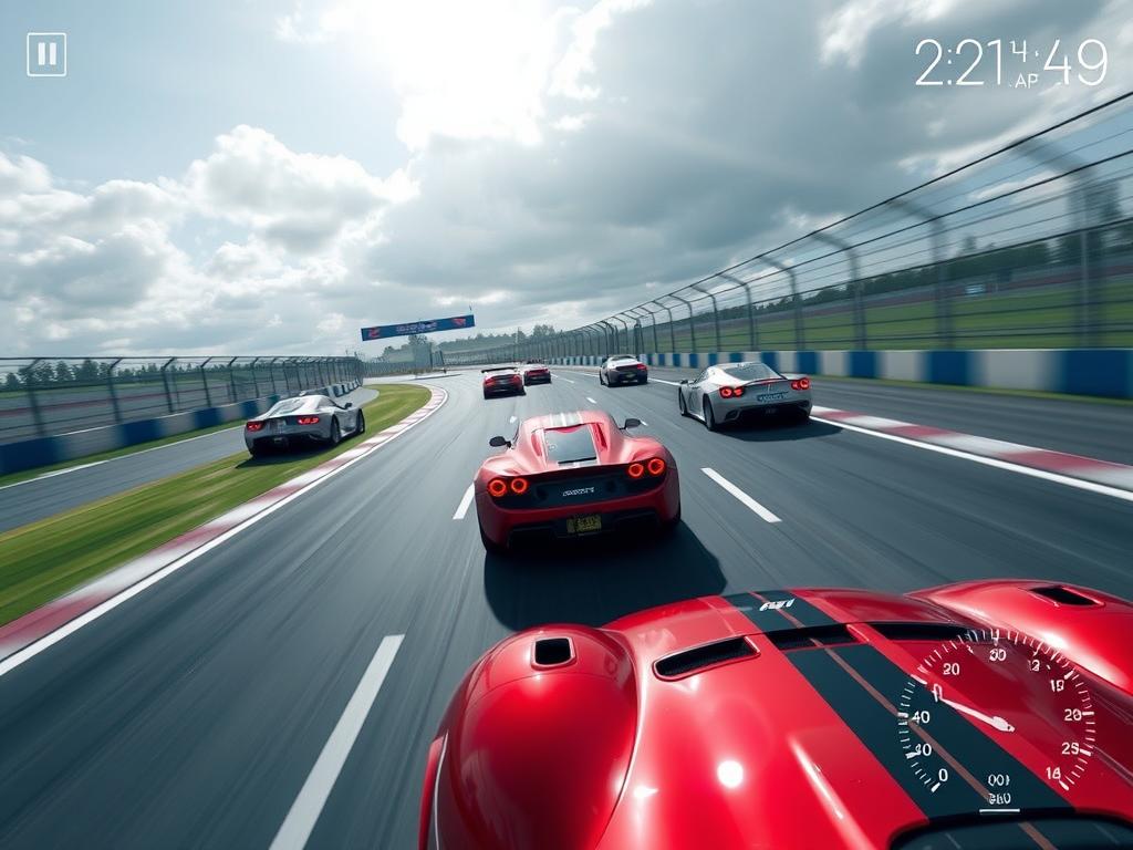 High-speed racing game showing cars competing on a professional track High-speed racing game showing cars competing on a professional track