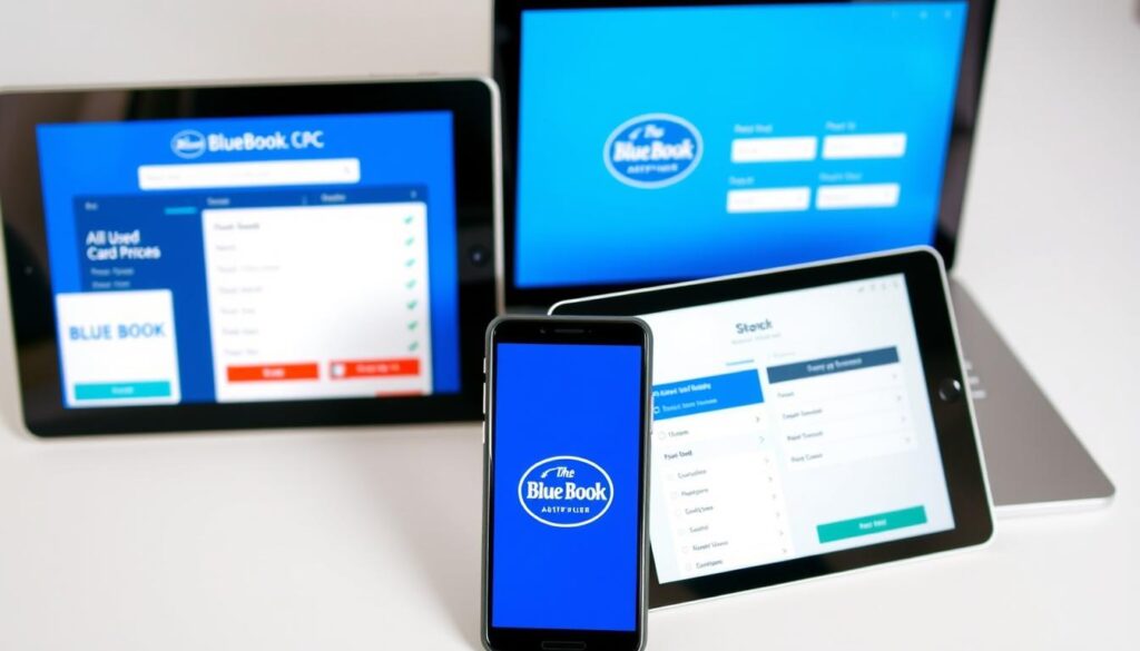 Multiple devices showing Blue Book car valuation apps and tools Multiple devices showing Blue Book car valuation apps and tools