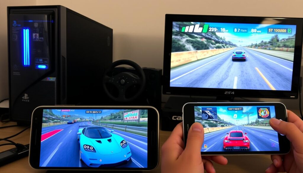 Multiple gaming platforms showing car games on PC, console, and mobile devices Multiple gaming platforms showing car games on PC, console, and mobile devices