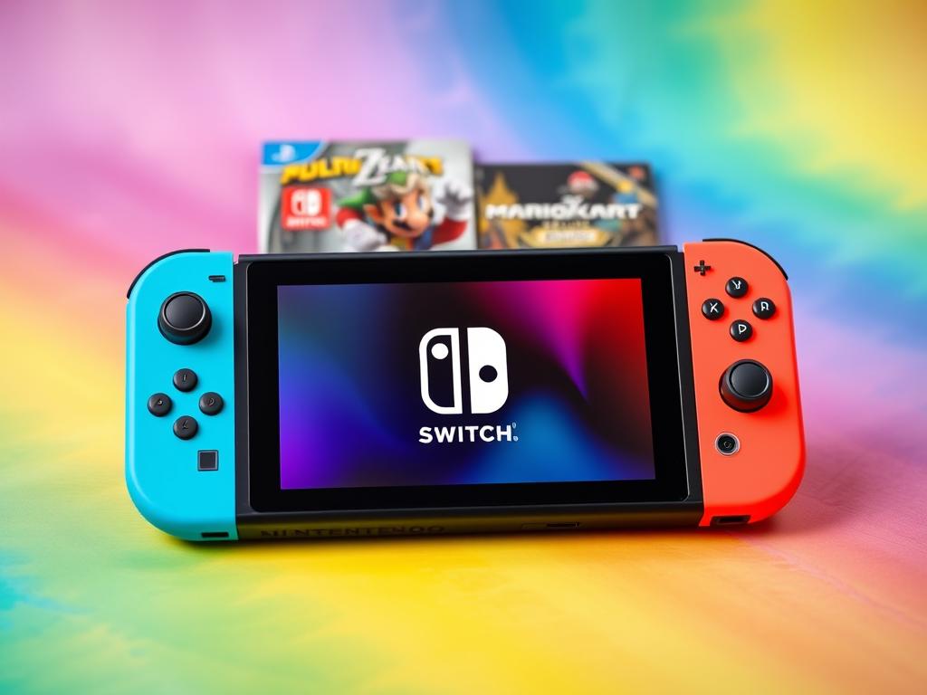 Nintendo Switch OLED in handheld mode with Joy-Cons and popular Nintendo games like Zelda and Mario Nintendo Switch OLED in handheld mode with Joy-Cons and popular Nintendo games like Zelda and Mario