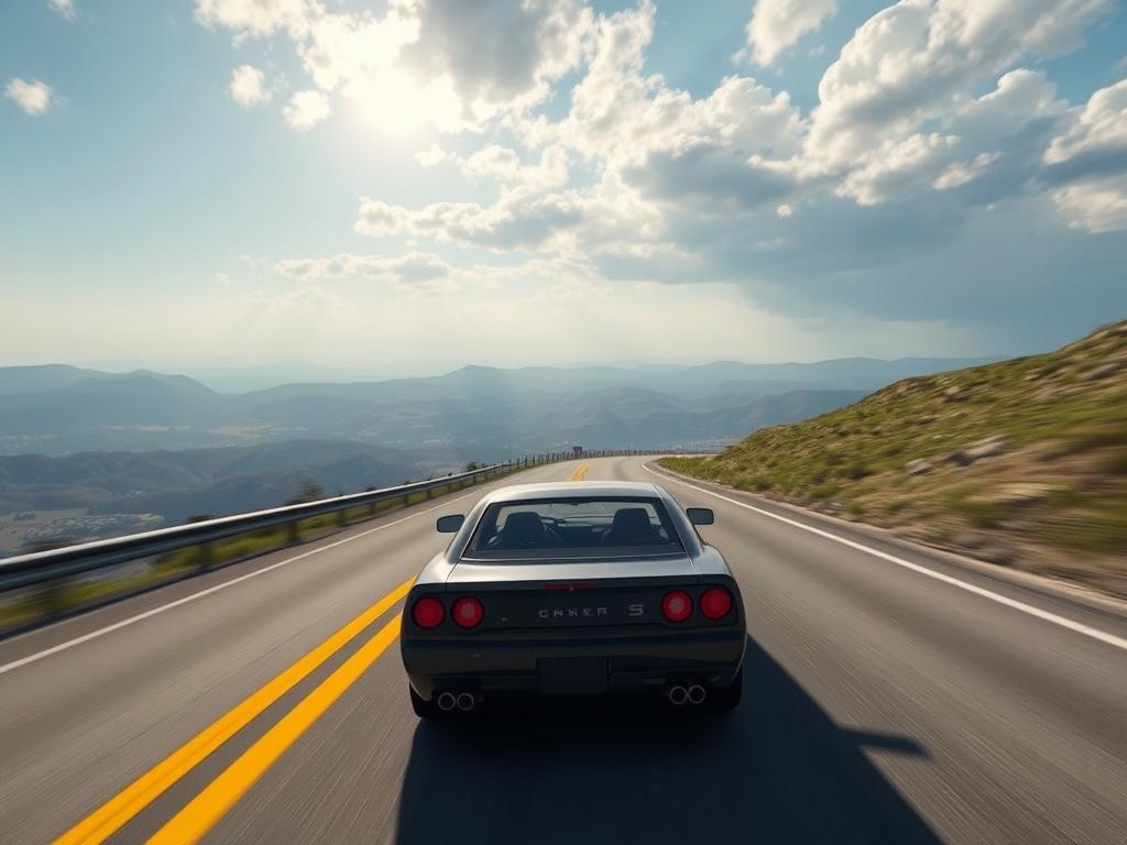 Open-world car game showing a vehicle exploring a vast landscape with freedom to roam Open-world car game showing a vehicle exploring a vast landscape with freedom to roam