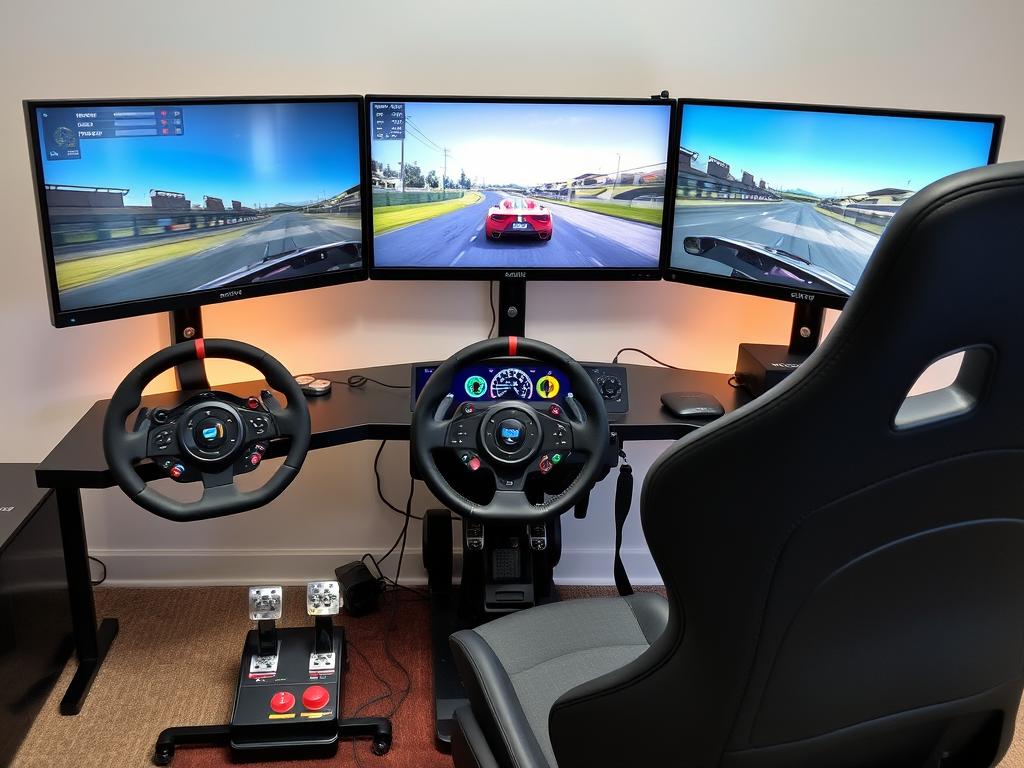 PC gaming setup with racing wheel and triple monitors for car games PC gaming setup with racing wheel and triple monitors for car games
