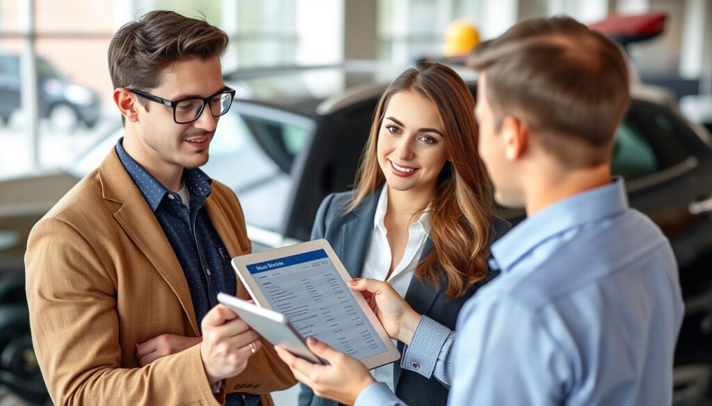 Person negotiating car price using Blue Book data on tablet Person negotiating car price using Blue Book data on tablet