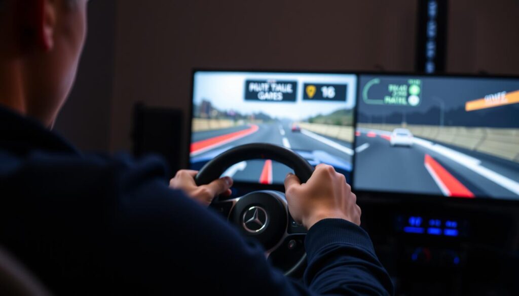 Person playing a car game with improved focus and reaction time Person playing a car game with improved focus and reaction time