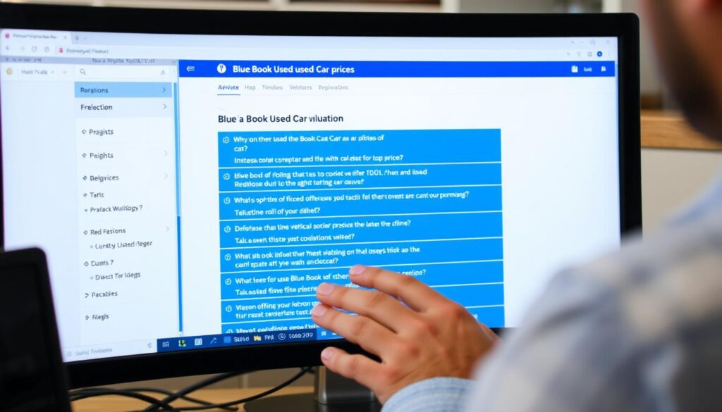 Person reviewing Blue Book used car prices FAQ section on computer Person reviewing Blue Book used car prices FAQ section on computer