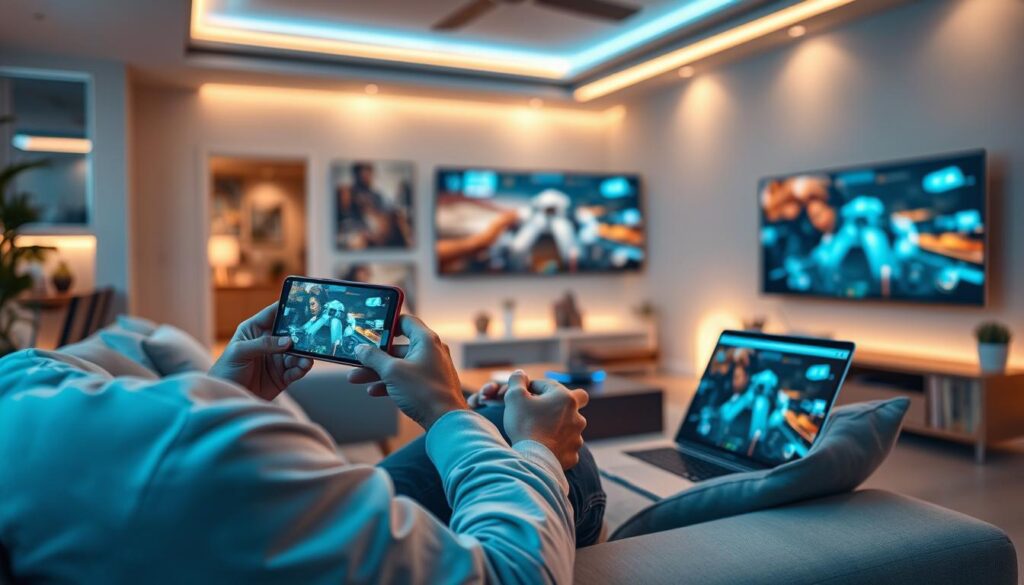 Person using cloud gaming service on multiple devices including smartphone, tablet, and TV Person using cloud gaming service on multiple devices including smartphone, tablet, and TV