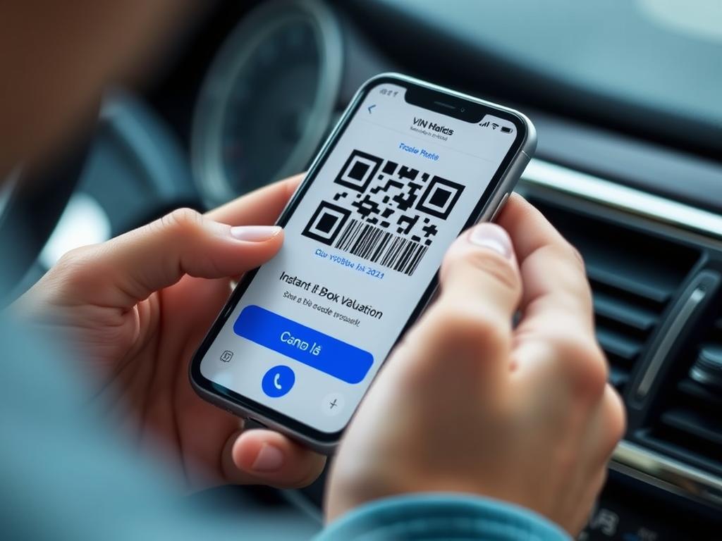 Person using smartphone to scan VIN for instant Blue Book valuation Person using smartphone to scan VIN for instant Blue Book valuation