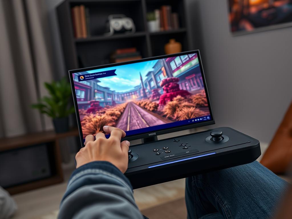 Steam Deck handheld gaming PC being used to play a popular PC game Steam Deck handheld gaming PC being used to play a popular PC game