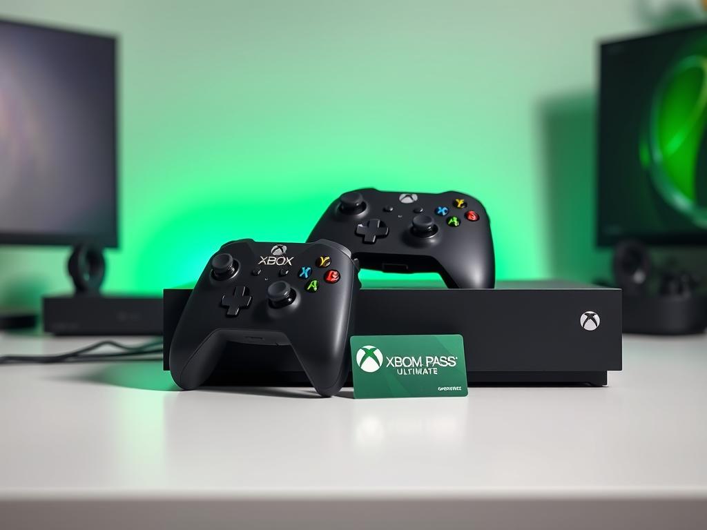 Xbox Series X console with Xbox controller and Game Pass subscription card Xbox Series X console with Xbox controller and Game Pass subscription card