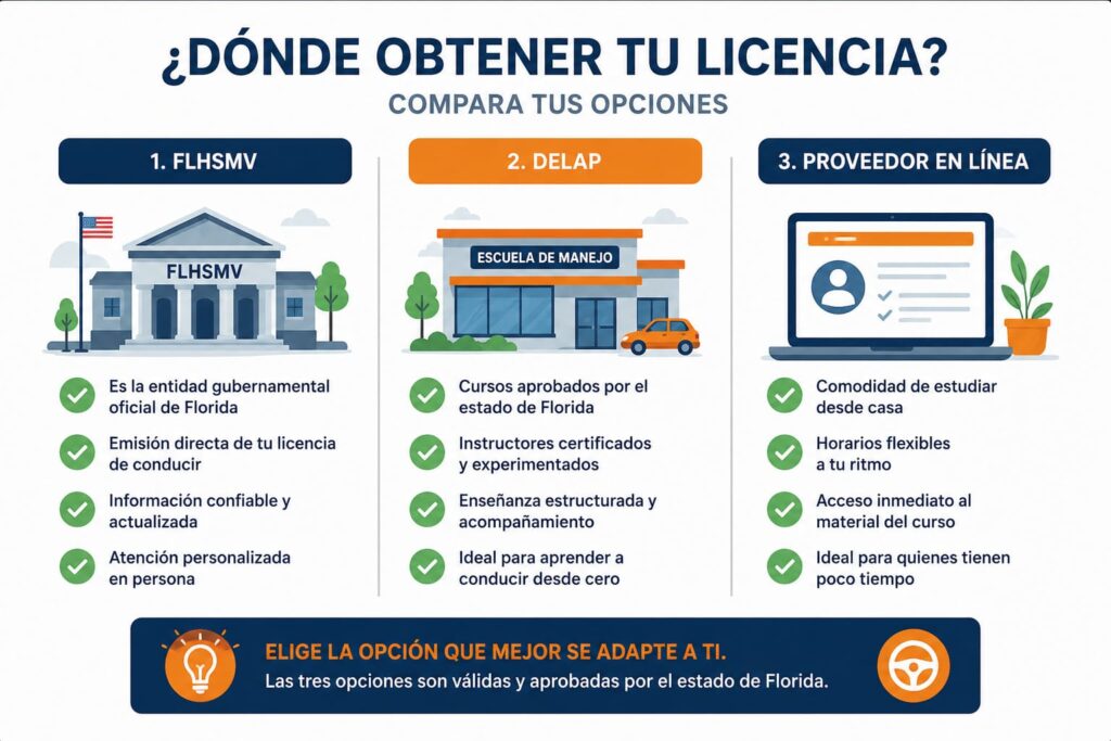 Comparativa de las 3 opciones para tomar el examen de manejo en Florida