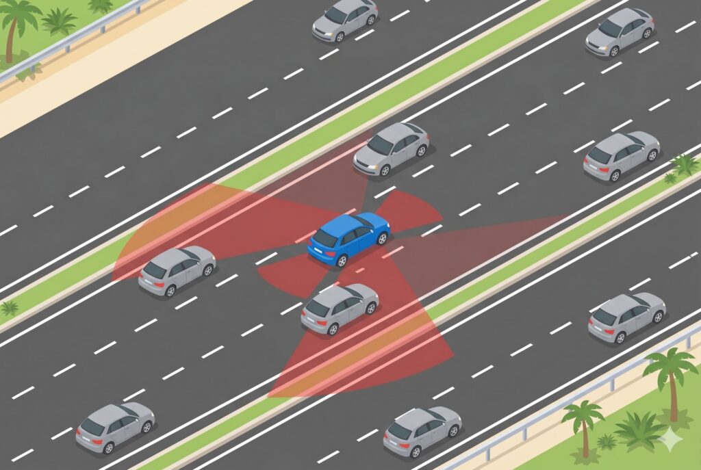 Diagrama de puntos ciegos al manejar en una carretera de Florida