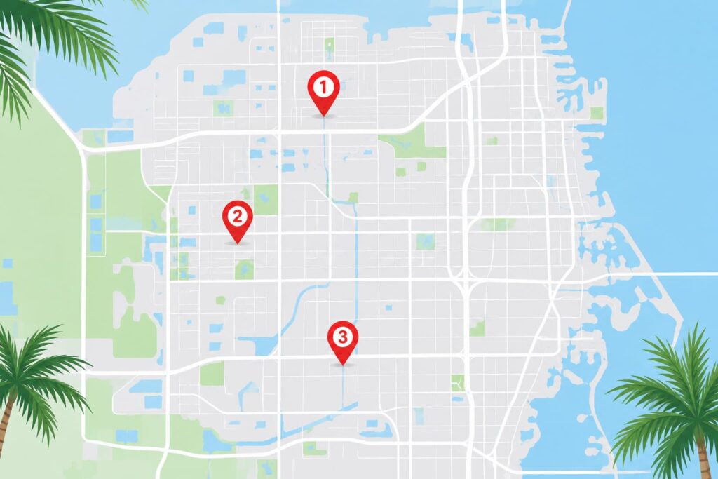 Mapa con las 5 oficinas oficiales del FLHSMV en Hialeah, Florida