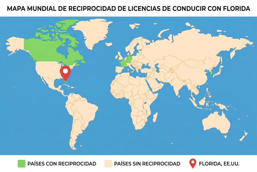 Mapa de países con reciprocidad de licencia de conducir con Florida