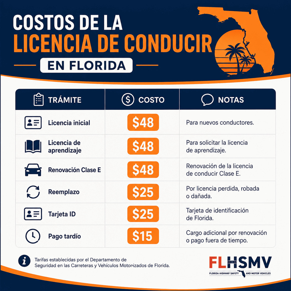 Tabla con los costos oficiales de la licencia de conducir en Florida