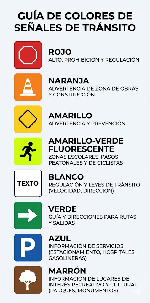 Los 8 colores oficiales de las señales de tránsito en Florida con sus significados
