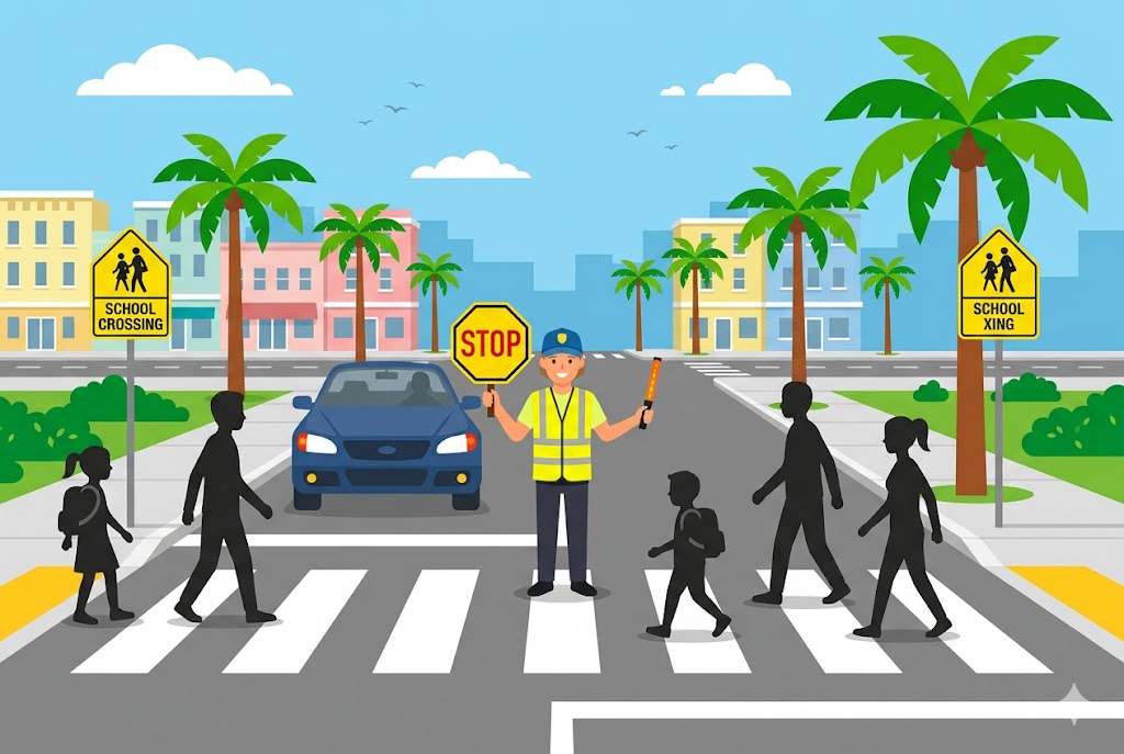 Conductor cediendo el paso a peatones en un cruce escolar de Florida