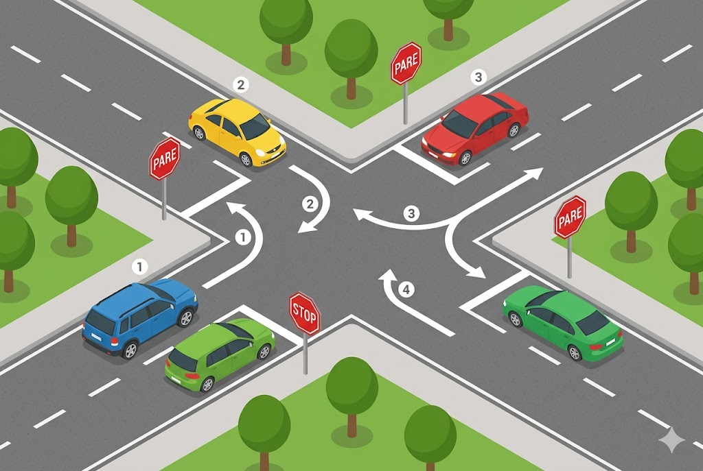 Diagrama de cómo funciona una intersección de 4 vías con señales de PARE en Florida
