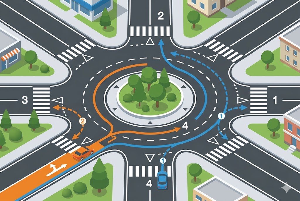 Diagrama de rotonda de dos carriles en Florida: qué carril usar según la salida