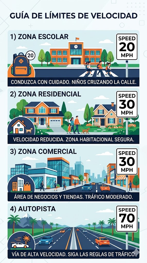 Límites de velocidad por tipo de vía en Florida: zonas escolares, residenciales, comerciales y autopistas
