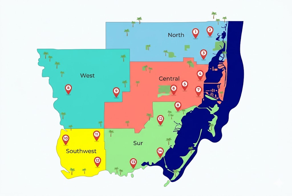 Mapa por zonas de las 14 oficinas DMV en Miami-Dade County