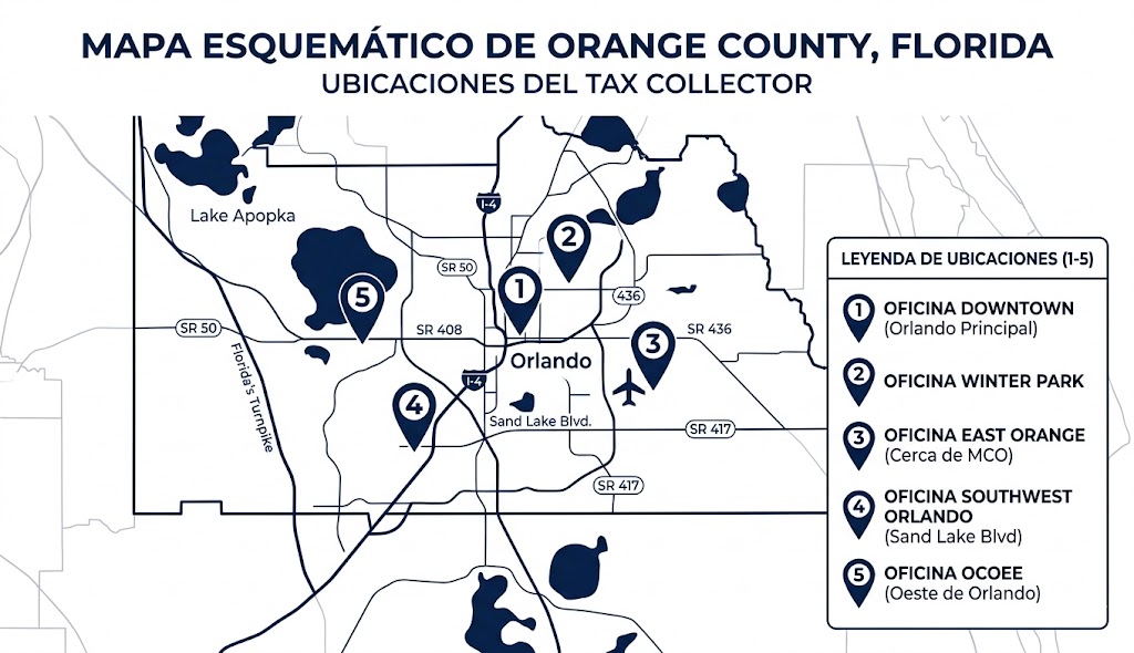 Mapa con las 5 oficinas del Tax Collector de Orange County para sacar licencia en Orlando