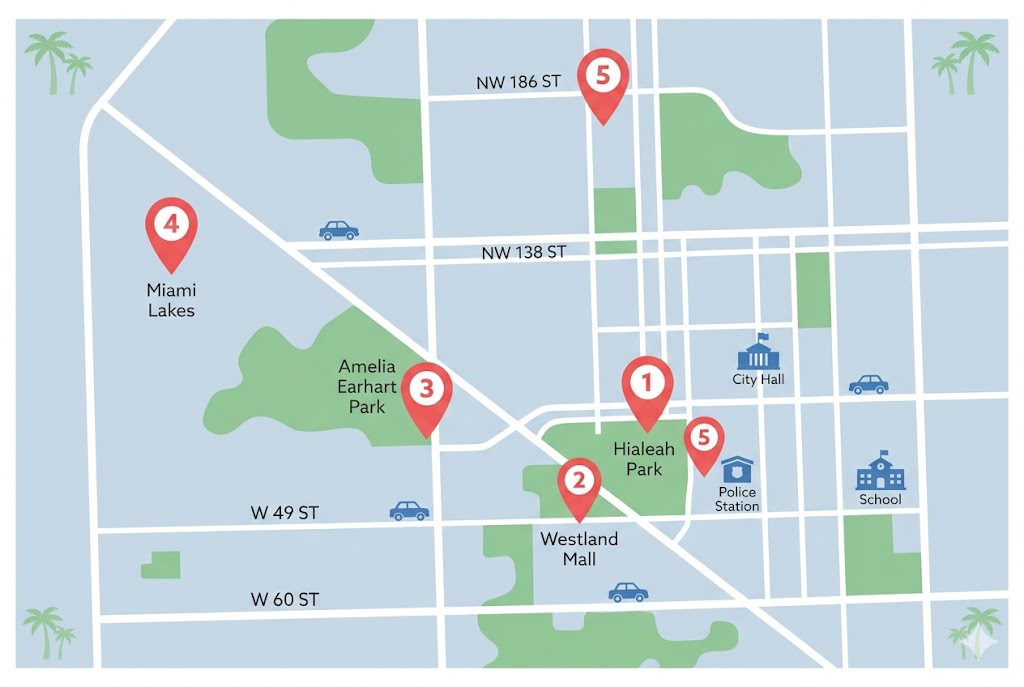 Mapa con las 5 oficinas oficiales del FLHSMV en Hialeah, Florida