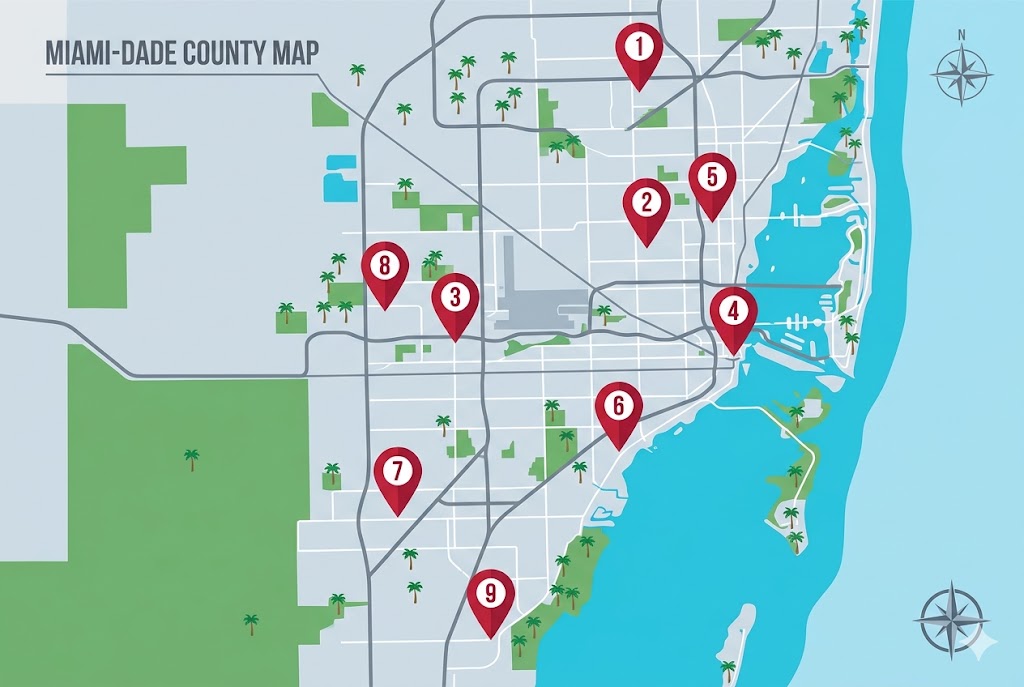 Mapa con las 9 oficinas de licencia de conducir en Miami-Dade County
